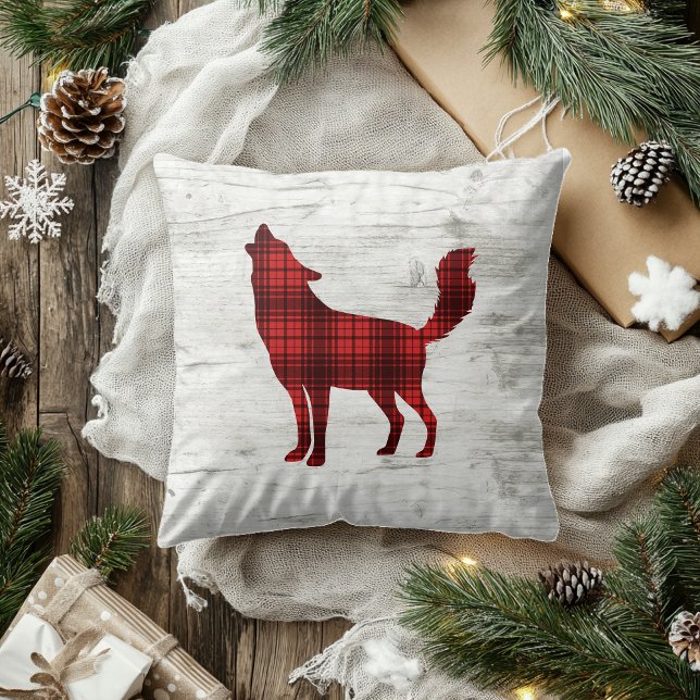 Wolf Woodland Birch Rood Buffalo Plaid Throw Pillow (Creator Uploaded)