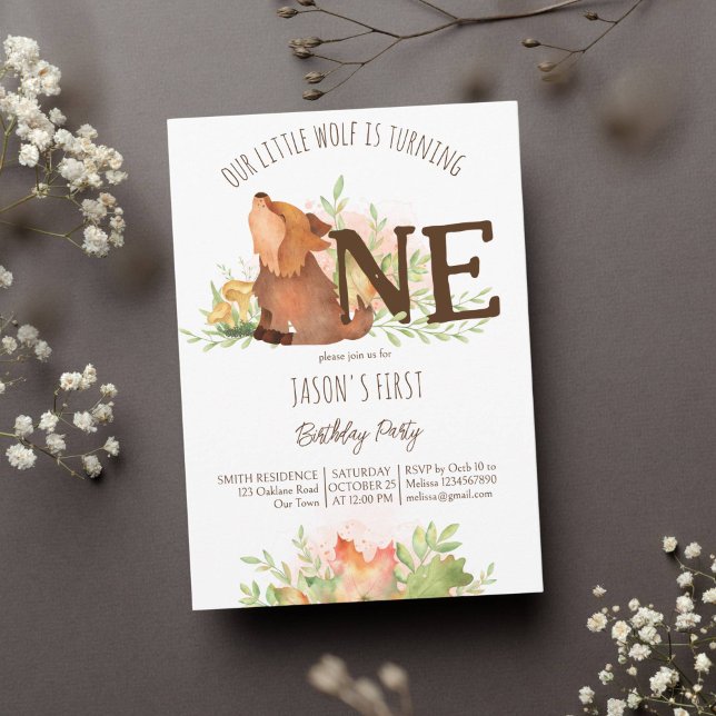 Wolf woodlands fall first birthday template (Wolf birthday party template invitation cute wolf puppy first birthday wild one fall themed invite)