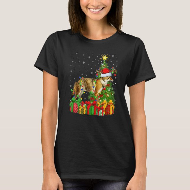 Wolf  Xmas Holiday Santa Wolf Christmas Tree T-Shirt (Front)