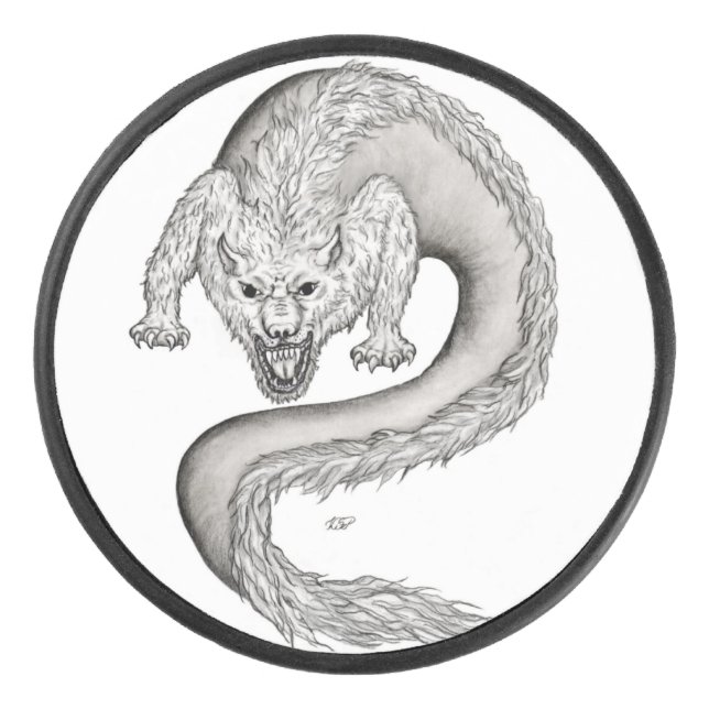 Wolfdragon black and white design hockey puck (Front)