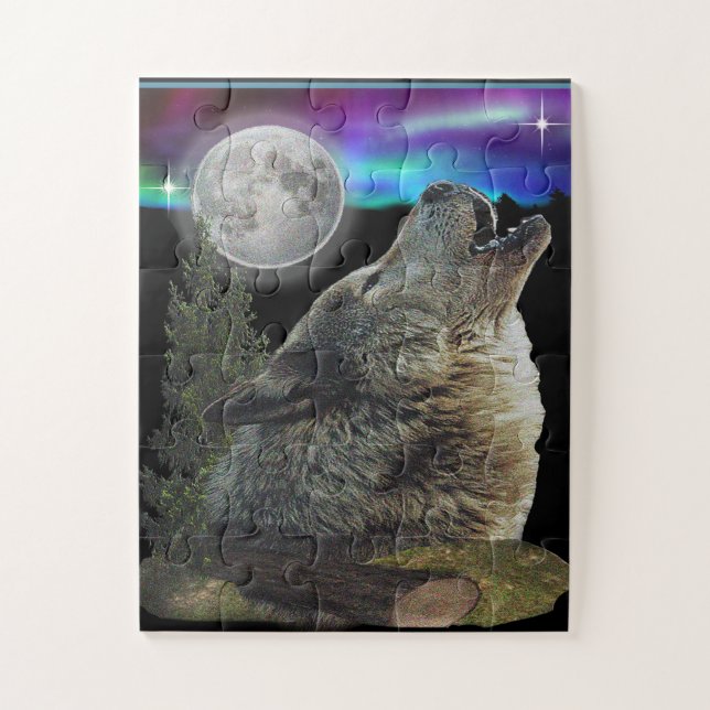 Wolfes howling at moon jigsaw puzzle (Vertical)