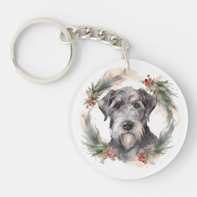 Wolfhound Christmas Wreath Festive Pup  Keychain (Front)
