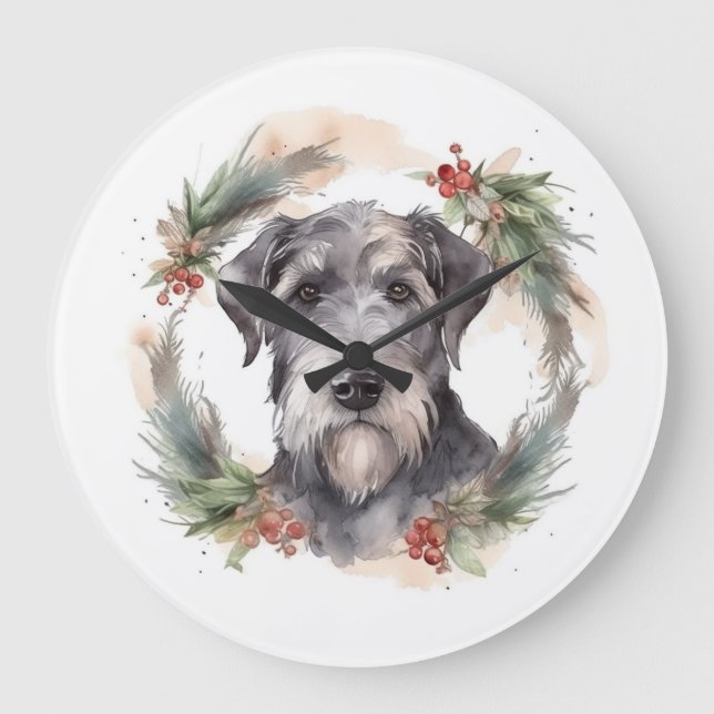 Wolfhound Christmas Wreath Festive Pup  Large Clock (Front)