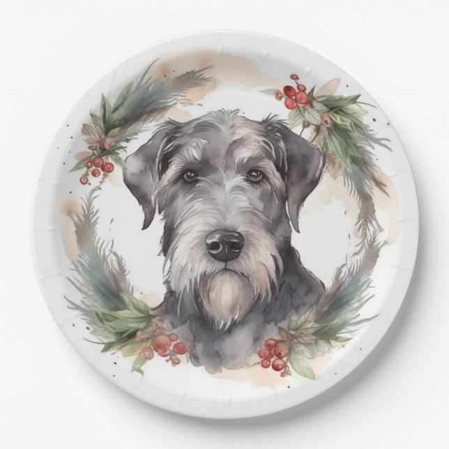 Wolfhound Christmas Wreath Festive Pup  Paper Plates (Front)