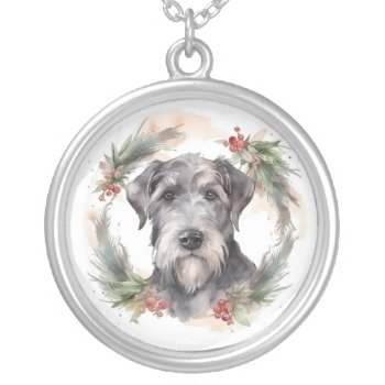 Wolfhound Christmas Wreath Festive Pup  Silver Plated Necklace by aashiarsh at Zazzle
