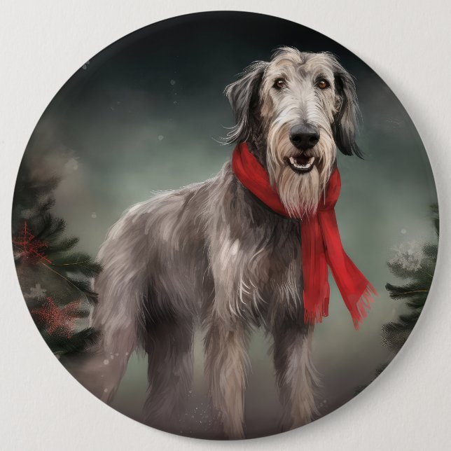 Wolfhound Dog in Snow Christmas Button (Front)