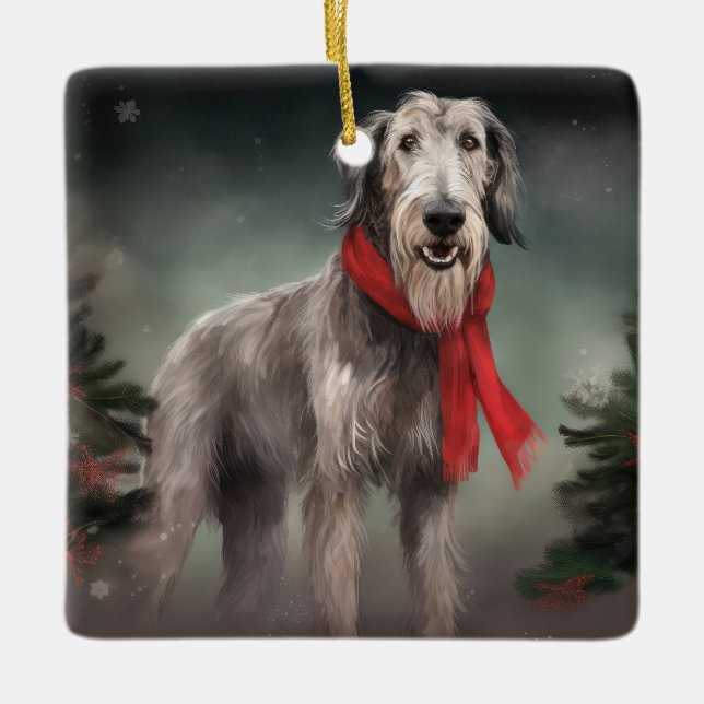 Wolfhound Dog in Snow Christmas Ceramic Ornament (Front)
