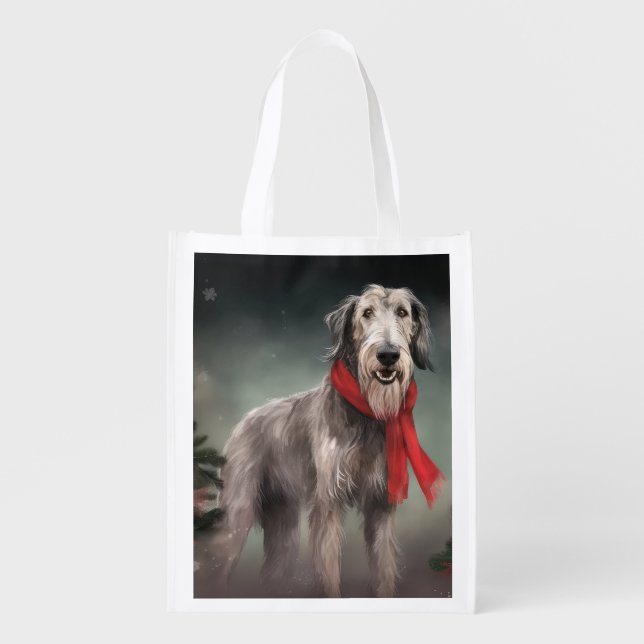 Wolfhound Dog in Snow Christmas Grocery Bag (Front)