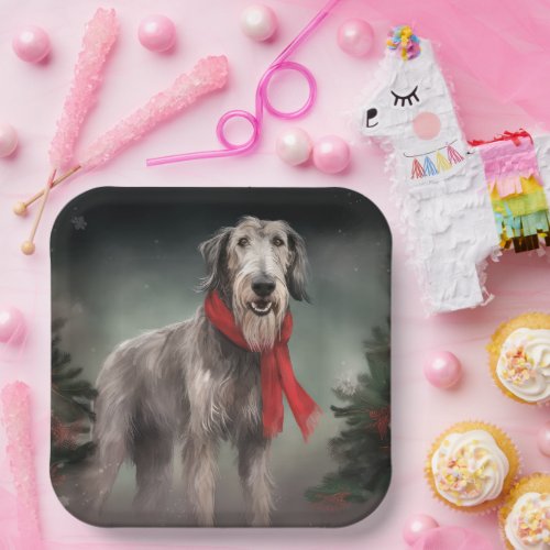 Wolfhound Dog in Snow Christmas Paper Plates