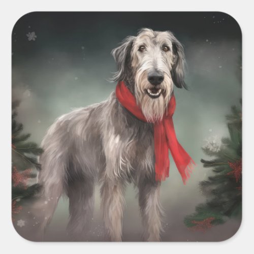 Wolfhound Dog in Snow Christmas Square Sticker