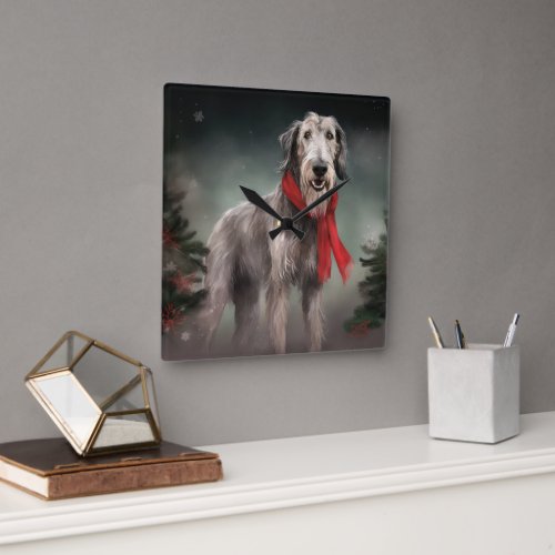 Wolfhound Dog in Snow Christmas Square Wall Clock