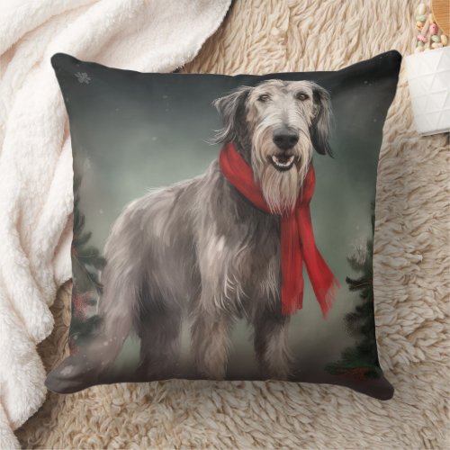 Wolfhound Dog in Snow Christmas Throw Pillow