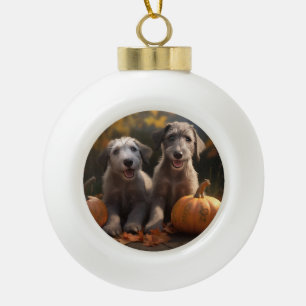 Wolfhound Puppy Autumn Delight Pumpkin Ceramic Ball Christmas Ornament