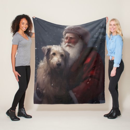 Wolfhound With Santa Claus Festive Christmas Fleece Blanket
