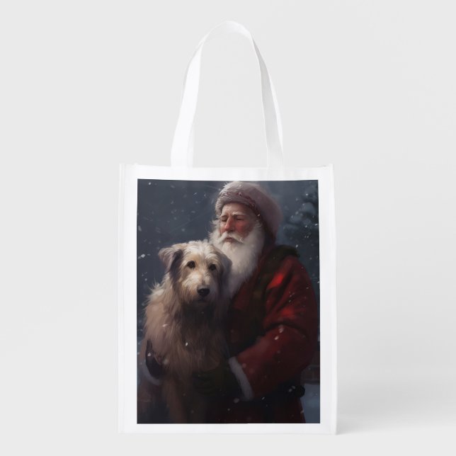 Wolfhound With Santa Claus Festive Christmas Grocery Bag (Front)