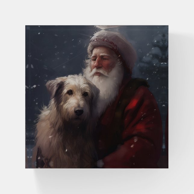 Wolfhound With Santa Claus Festive Christmas Paperweight (Front)