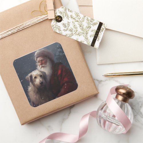Wolfhound With Santa Claus Festive Christmas Square Sticker