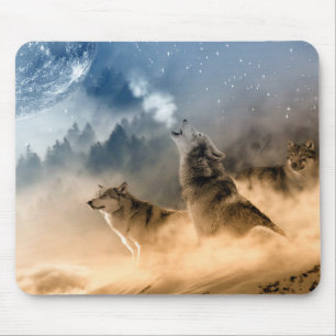 Wolfs Howl on a Cold Foggy Starry Star Fall Night Mouse Pad