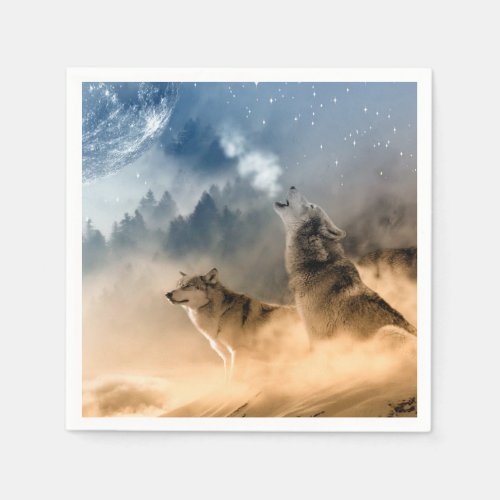 Wolfs Howl on a Cold Foggy Starry Star Fall Night Napkins