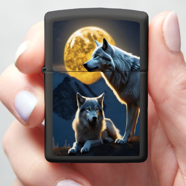 Wolf's Howl Pierces Moonlit Night Zippo Lighter (In Hand)