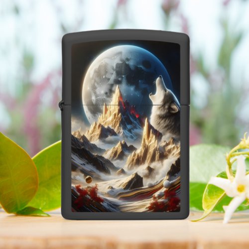 Wolfs Howl Under The Lunar Peaks Zippo Lighter