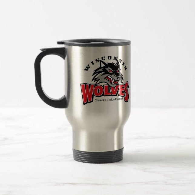 wolfs logo on stainless steel travel mug (Left)