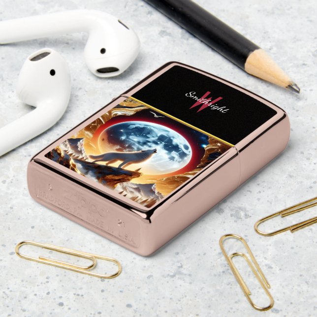 Wolfs Lunar Howl in a Golden Landscape Zippo Lighter (On Table 2)