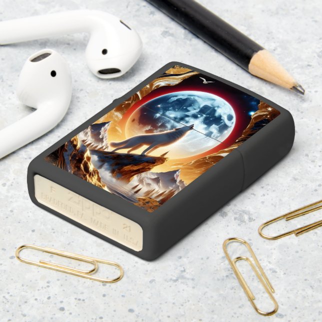 Wolfs Lunar Howl in a Golden Landscape Zippo Lighter (On Table 2)