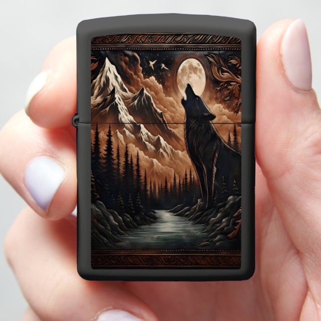 Wolf's Moonlight Serenade Zippo Lighter (In Hand)