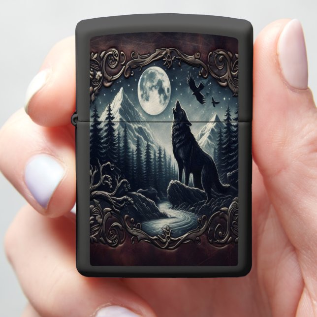 Wolf's Moonlight Serenade Zippo Lighter (In Hand)
