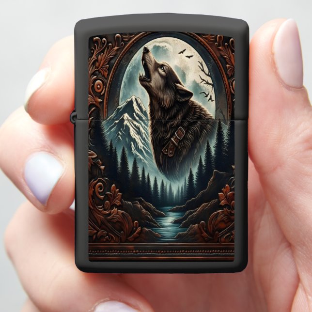 Wolf's Moonlight Serenade Zippo Lighter (In Hand)