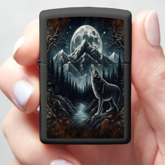 Wolf's Moonlight Serenade Zippo Lighter (In Hand)