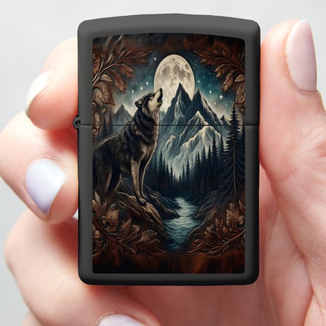 Wolf's Moonlight Serenade Zippo Lighter (In Hand)