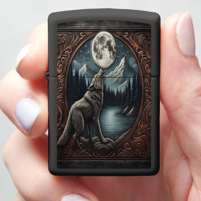 Wolf's Moonlight Serenade Zippo Lighter (In Hand)