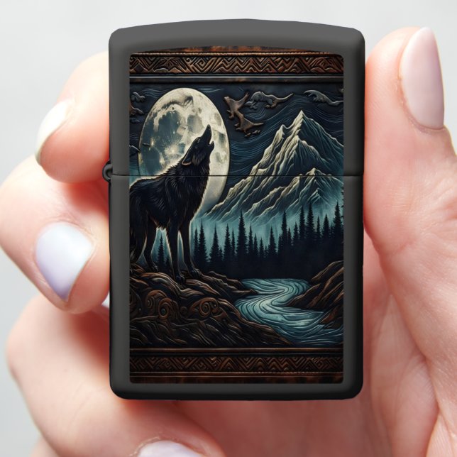 Wolf's Moonlight Serenade Zippo Lighter (In Hand)