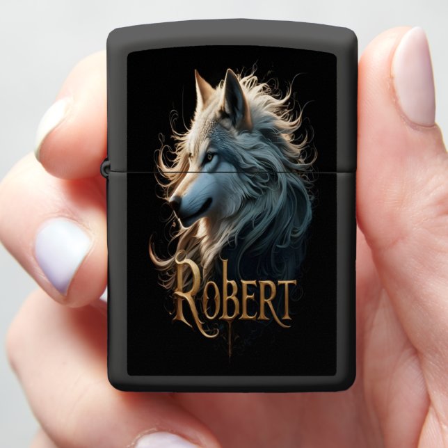 Wolf's Shadow Golden Name Robert Zippo Lighter (In Hand)