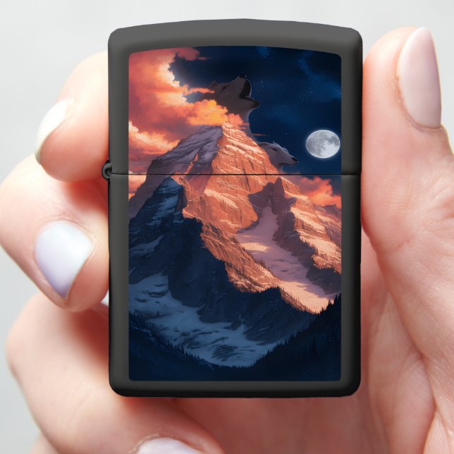 Wolfs Song Under Moonlight Zippo Lighter (In Hand)