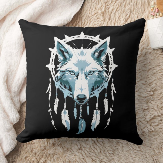 Wolf's Warning with Dream Catcher Throw Pillow (Blanket)