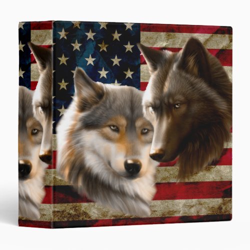 Wolves  American Flag 3 Ring Binder