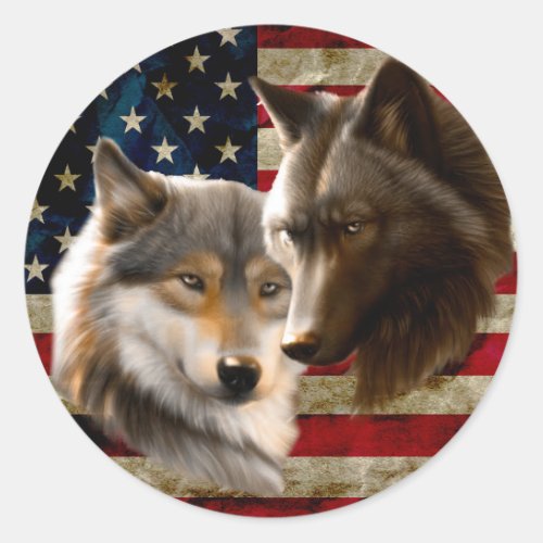 Wolves  American Flag Classic Round Sticker