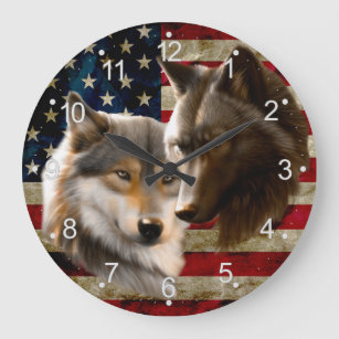 Wolves  American Flag Large Clock