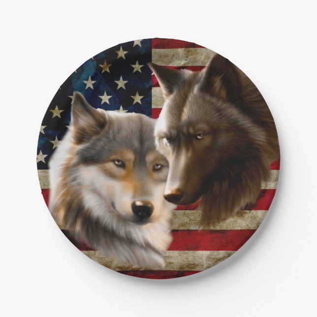 Wolves  American Flag Paper Plates (Front)