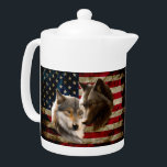 Wolves American Flag Teapot<br><div class="desc">wolf animals animal canis , lupus mammal beast dog , canine wolves wolfs Grey , dark american flag black , art brown two painting , head wildlife creature face , grey nature arctic wolf , animals animal canis lupus, mammal beast dog , canine wolves wolfs</div>