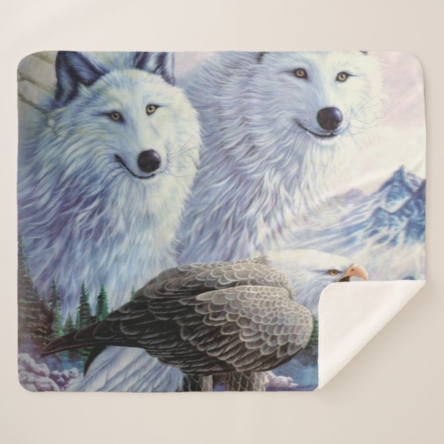 Wolves and Bald Eagle Sherpa Blanket (Front (Horizontal))