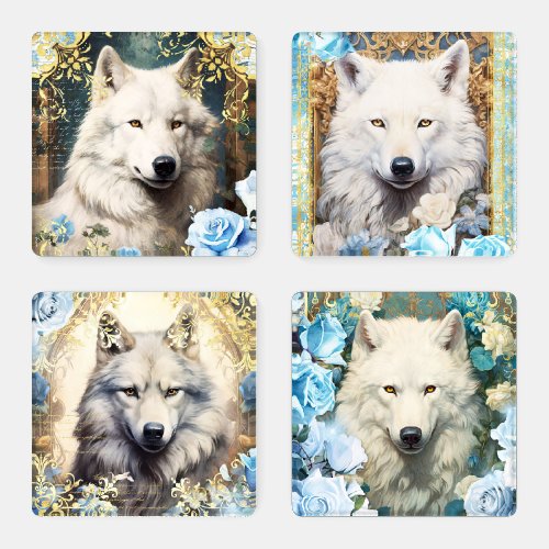 Wolves and Blue Roses Coaster Set