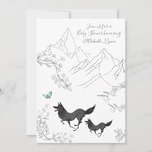 Wolves and Butterfly Mountain Woodland Baby Shower Invitation (Front)