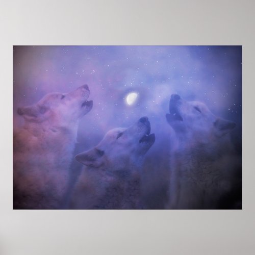 Wolves and Moon Beautiful Fantasy Wildlife Poster
