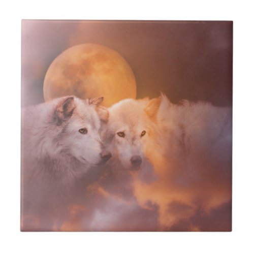 Wolves and Moon Ceramic Tile