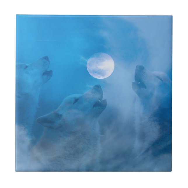 Wolves and Moon Native American Gifts Ceramic Tile (Front)