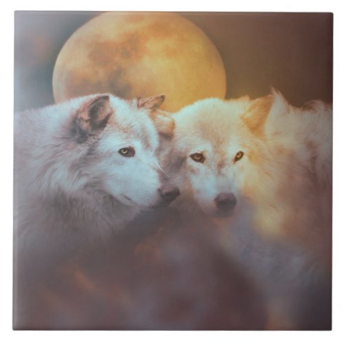 Wolves and Moon Surreal Fine Art Ceramic Tile